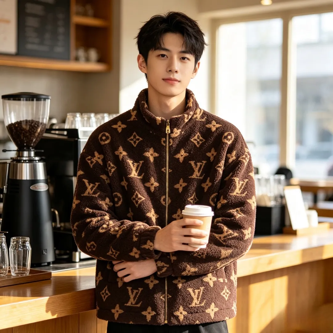Louis Vuitton/Louis Vuitton dark brown all-over printed old flower Teddy polar fleece stand-up collar jacket